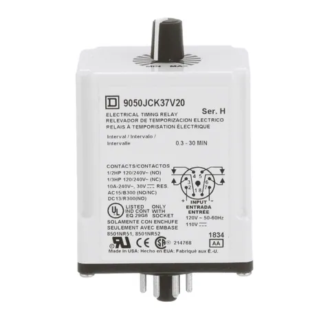 Schneider Electric 9050JCK37V20 Timing Relay, Type JCK, plug In, interval, adjustable time, 0.3 to 30 minutes, 10A, 240 VAC, 120 VAC/110 VDC — Accesorios generales