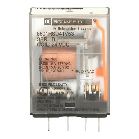 Schneider Electric 8501RSD41V53 Miniature Relay, Harmony 8501R, SPDT, 5 blades, coil, 1HP at 277V AC, 15A resistive at 120V AC, 24V DC, 1NO+ 1NC — General Accessories