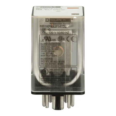 Schneider Electric 8501KPR13P14V20 Plug in relay, Type KP, tubular, 1 HP at 277 VAC, 10A resistive at 120 VAC, 11 pin, 3PDT, 3 NO, 3 NC, 120 VAC coil — Accesorios generales