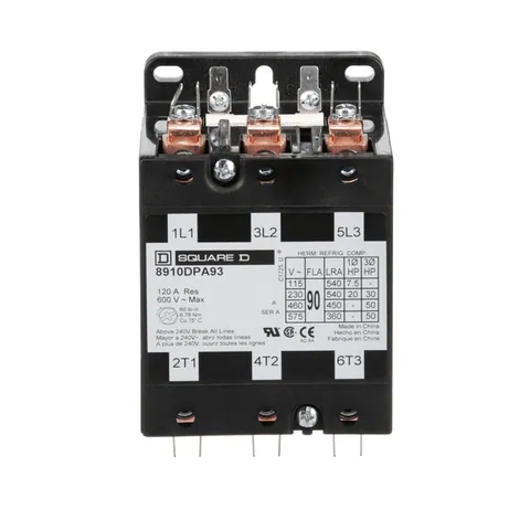 Schneider Electric 8910DPA93V02 Contactor, Definite Purpose, 90A, 3 pole, 50HP at 575VAC, 3 phase, 110/120VAC 50/60Hz coil, open — General Accessories