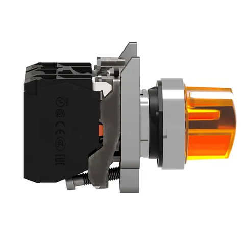 Schneider Electric XB4BK125B5 Illuminated selector switch, Harmony XB4, metal, orange handle, 22mm, universal LED, 2 positions, 1NO + 1NC, 24V AC DC — Switches & Modular Apparatus