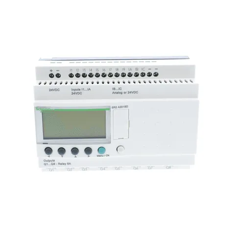Schneider Electric SR2A201BD compact smart relay, Zelio Logic SR2 SR3, 20 IO, 24V DC, no clock, display — PLCs