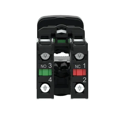 Schneider Electric XB5AW73731M5 Illuminated double headed push button, Harmony XB5, plastic, 22mm, 1 green flush I + 1 pilot light + 1 red projecting O, 240V AC DC, 1NO + 1NC — Switches & Modular Apparatus