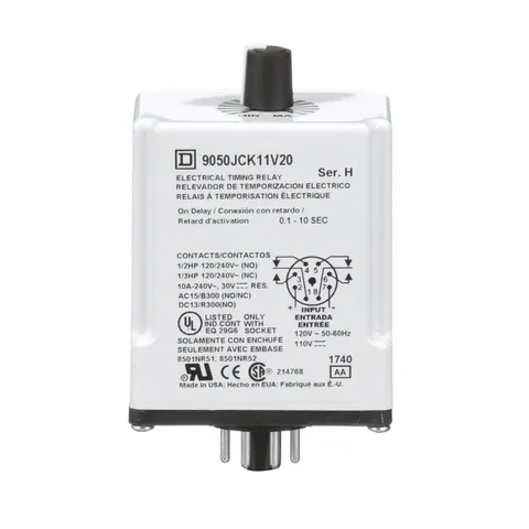 Schneider Electric 9050JCK11V20 Timing Relay, Type JCK, plug In, on delay, adjustable time, 0.1 to 10 seconds, 10A, 240 VAC, 120 VAC/110 VDC — General Accessories