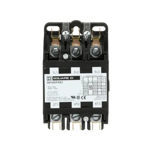 Schneider Electric 8910DPA53V02 Contactor, Definite Purpose, 50A, 3 pole, 30HP at 575VAC, 3 phase, 110/120VAC 50/60Hz coil, open — Contactors & Relays