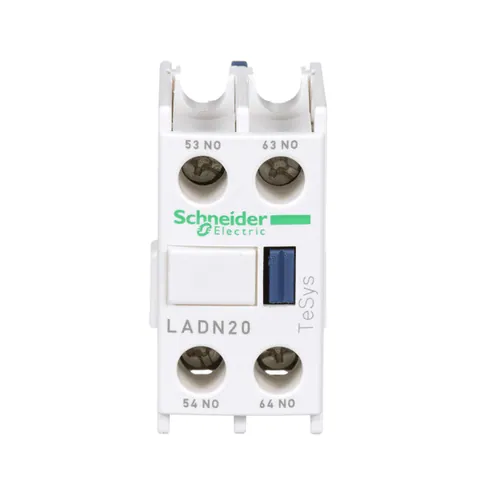 Schneider Electric LADN20 TeSys Deca, auxiliary contact block, 2 NO, top mount, screw clamp terminals, for LC1D09 to LC1D150 contactors — Contactores y relés