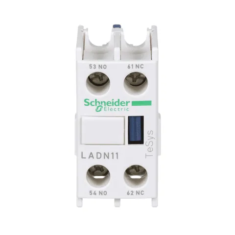 Schneider Electric LADN11 TeSys Deca, auxiliary contact block, 1 NO and 1 NC, top mount, screw clamp terminals, for LC1D09 to LC1D150 contactors — Contactors & Relays