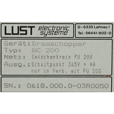 Lust BC 200 BC 200 Braking Chopper – 365V 4A for FU 200 Inverter Systems — Fuentes de alimentación
