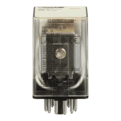 Schneider Electric 8501KPDR13V53 Plug in relay, Type KP, tubular, 1 HP at 277 VAC, 10A resistive at 120 VAC, 11 pin, 3PDT, 3 NO, 3 NC, 24 VDC coil — General Accessories