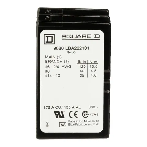 Schneider Electric 9080LBA262101 Power distribution block, 2 pole, 1 line, 1 load, 175A Cu, 135A Al, 600V — Bloques de válvulas y colectores