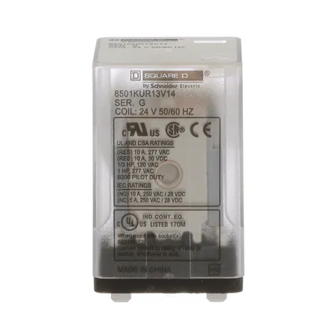 Schneider Electric 8501KUR13V14 Plug in relay, Type KU, blade, 0.5 HP at 240 VAC, 10A resistive at 120 VAC, 11 blade, 3PDT, 3 NO, 3 NC, 24 VAC coil — General Accessories