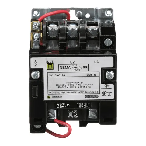 Schneider Electric 8502SAO12V02S NEMA Contactor, Type S, nonreversing, Size 00, 9A, 3HP at 575VAC, 3 phase, up to 100kA, 3 pole, 120VAC coil, open — Controllo e HMI