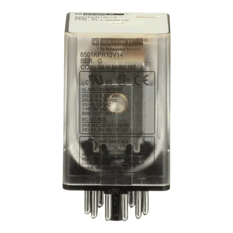 Schneider Electric 8501KPR13V14 Plug in relay, Type KP, tubular, 1 HP at 277 VAC, 10A resistive at 120 VAC, 11 pin, 3PDT, 3 NO, 3 NC, 24 VAC coil — General Accessories