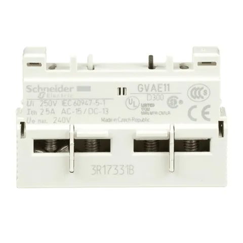 Schneider Electric GVAE11 TeSys Deca Manual Starter and Protector, auxiliary contact block, 1 NO and 1 NC, top mount, screw clamp — Switches & Modular Apparatus