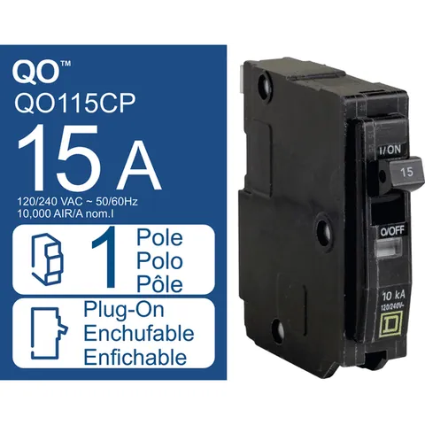 Schneider Electric QO115 Mini circuit breaker, QO, 15A, 1 pole, 120/240VAC, 10kA, plug in mount — Circuit Breakers & Fuses