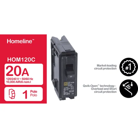 Schneider Electric HOM120 Mini circuit breaker, Homeline, 20A, 1 pole, 120/240VAC, 10kA AIR, standard type, plug in, UL — General Accessories