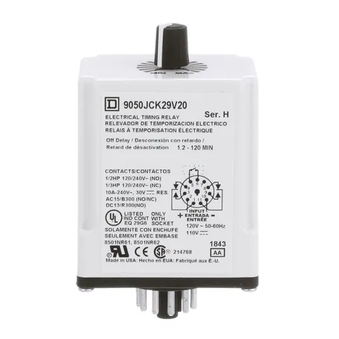 Schneider Electric 9050JCK29V20 Timing Relay, Type JCK, plug In, off delay, adjustable time, 1.2 to 120 minutes, 10A, 240 VAC, 120 VAC/110 VDC — General Accessories