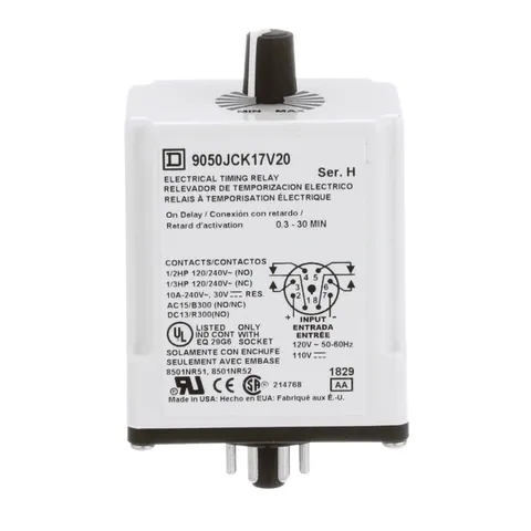 Schneider Electric 9050JCK17V20 Timing Relay, Type JCK, plug In, on delay, adjustable time, 0.3 to 30 minutes, 10A, 240 VAC, 120 VAC/110 VDC — General Accessories