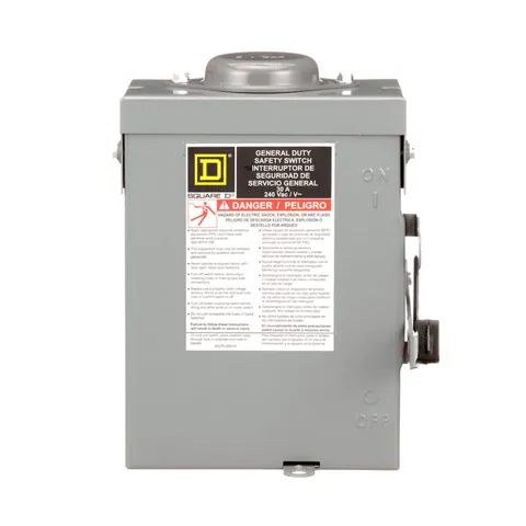 Schneider Electric D221NRB Safety switch, general duty, fusible, 30A, 2 pole, 7.5hp, 240VAC, NEMA 3R, bolt on provision, neutral factory installed — General Accessories