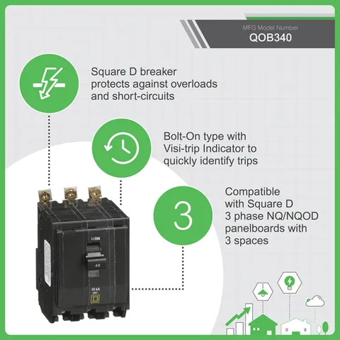 Schneider Electric QOB340 QO Mini Circuit Breaker 40A, 3 Pole, 120/240VAC, 10kA, Bolt On Mount — Circuit Breakers & Fuses