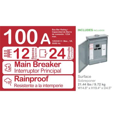 Schneider Electric HOM1224M100PRB Load center, Homeline, 1 phase, 12 spaces, 24 circuits, 100A convertible main breaker, PoN, NEMA3R — General Accessories