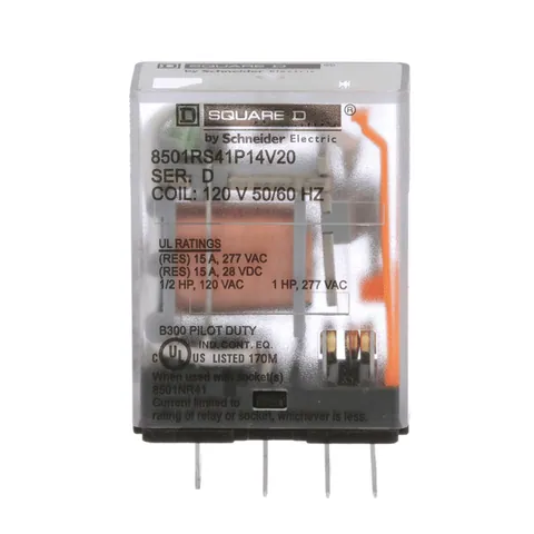 Schneider Electric 8501RS41P14V20 Plug in relay, Type R, miniature, 1 HP at 277 VAC, 15A resistive at 120 VAC, 5 blade, SPDT, 1 NO, 1 NC, 120 VAC coil — General Accessories