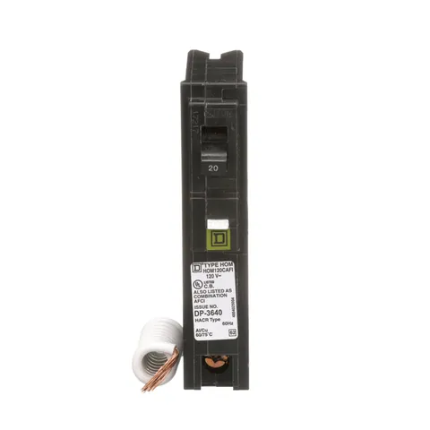 Schneider Electric HOM120CAFI Mini circuit breaker, Homeline, 20A, 1 pole, 120VAC, 10kA AIR, combo arc fault, pigtail neutral, plug in, UL — General Accessories