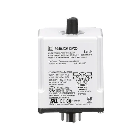 Schneider Electric 9050JCK13V20 Timing Relay, Type JCK, plug In, on delay, adjustable time, 0.6 to 60 seconds, 10A, 240 VAC, 120 VAC/110 VDC — General Accessories