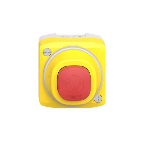 Schneider Electric XALK84W3BE Complete control station, Harmony XALK, plastic, yellow lid, 1 illuminated emergency stop, white red fixed, turn to release, 1NO 1NC, 24V AC/DC — Steuerung & HMI