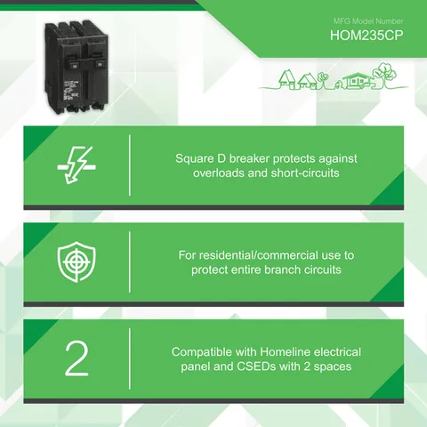 Schneider Electric HOM235 Mini circuit breaker, Homeline, 35A, 2 pole, 120/240VAC, 10kA AIR, standard type, plug in, UL — General Accessories