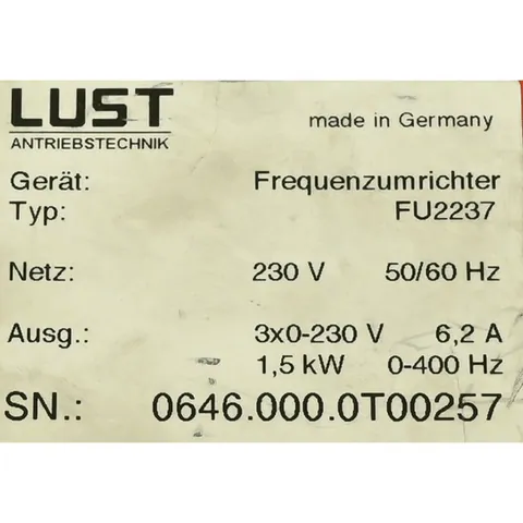 Lust FU2237 FU 2237 Frequency Inverter, 1.5 kW, 230V Input, 3x230V Output, 0–400 Hz — Engranajes y reductores