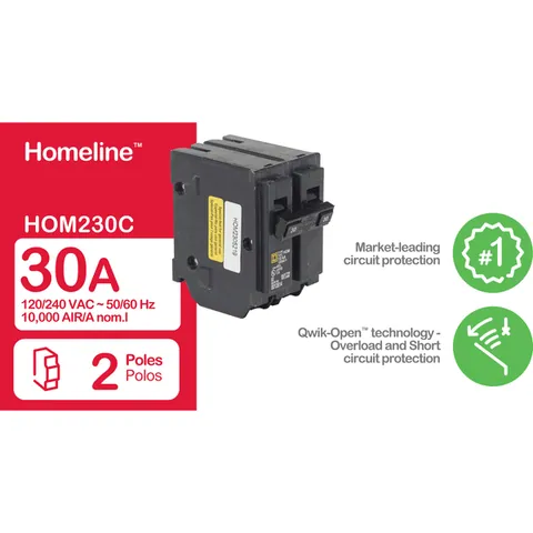 Schneider Electric HOM230 Mini circuit breaker, Homeline, 30A, 2 pole, 120/240VAC, 10kA AIR, standard type, plug in, UL — General Accessories