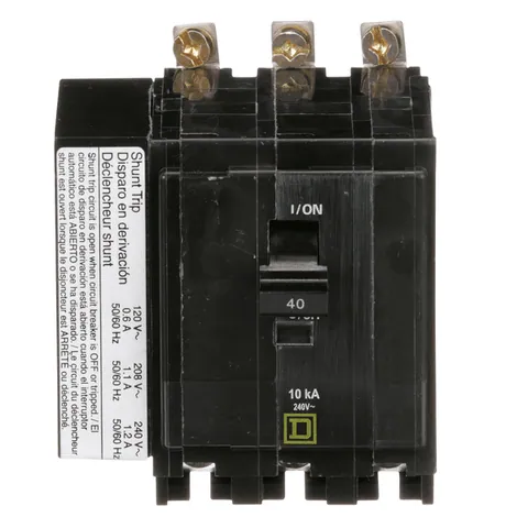 Schneider Electric QOB3401021 Mini circuit breaker, QO, 40A, 3 pole, 120/240VAC, 10kA, bolt on mount, AC shunt — General Accessories
