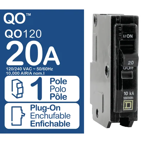 Schneider Electric QO120 Mini circuit breaker, QO, 20A, 1 pole, 120/240VAC, 10kA, plug in mount — General Accessories