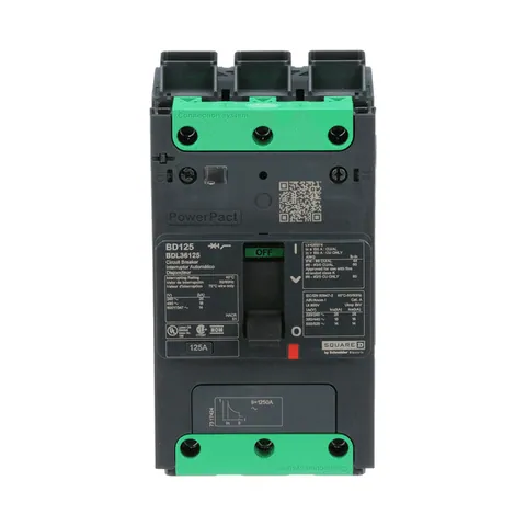 Schneider Electric BDL36125 Circuit breaker, PowerPacT B, 125A, 3 pole, 600Y/347VAC, 14kA, lugs, thermal magnetic, 80% — General Accessories