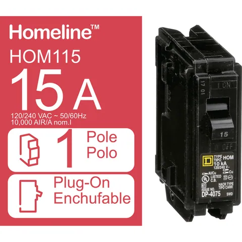 Schneider Electric HOM115 Mini circuit breaker, Homeline, 15A, 1 pole, 120/240VAC, 10kA AIR, standard type, plug in, UL — Accessori generali
