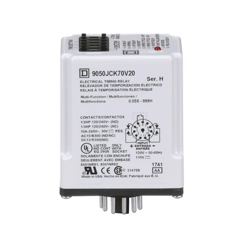 Schneider Electric 9050JCK70V20 Timing Relay, Type JCK, plug In, multifunction, programmable, 0.5 second to 999 hours, 10A, 240 VAC, 120 VAC/110 VDC — General Accessories