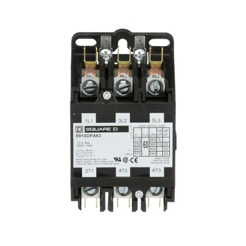 Schneider Electric 8910DPA63V02 Contactor, Definite Purpose, 60A, 3 pole, 30HP at 575VAC, 3 phase, 110/120VAC 50/60Hz coil, open — General Accessories