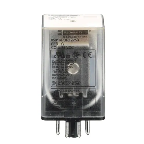 Schneider Electric 8501KPDR12V53 Plug in relay, Type KP, tubular, 1 HP at 277 VAC, 10A resistive at 120 VAC, 8 pin, DPDT, 2 NO, 2 NC, 24 VDC coil — General Accessories