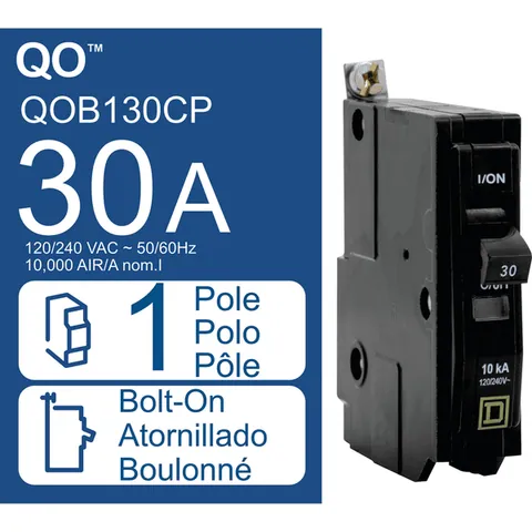 Schneider Electric QOB130 Mini circuit breaker, QO, 30A, 1 pole, 120/240VAC, 10kA, bolt on mount — Interruttori automatici e fusibili