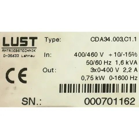 Lust CDA34.003.C1.1 CDA34.003,C1.1 Frequency Inverter, 400V, 0.75kW, 0–1600Hz, 3x400V Output — Steuerung & HMI