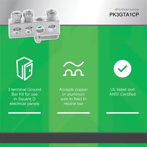 Schneider Electric PK3GTA1 Load center accessory, QO/Homeline, ground bar kit, 3 terminals — General Accessories