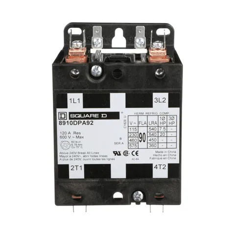 Schneider Electric 8910DPA92V09 Contactor, Definite Purpose, 90A, 2 pole, 20 HP at 230 VAC, 1 phase, 208/240 VAC 60 Hz 220 VAC 50 Hz coil, open — General Accessories