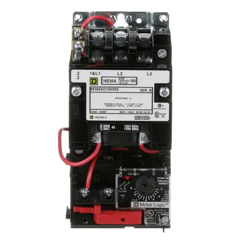 Schneider Electric 8536SAO12V02H30S NEMA motor starter, Type S, nonreversing, Size 00, 9A, 2HP at 460VAC, up to 100kA SCCR, 3 phase, 3 pole, Motor Logic, 120VAC coil, open — General Accessories