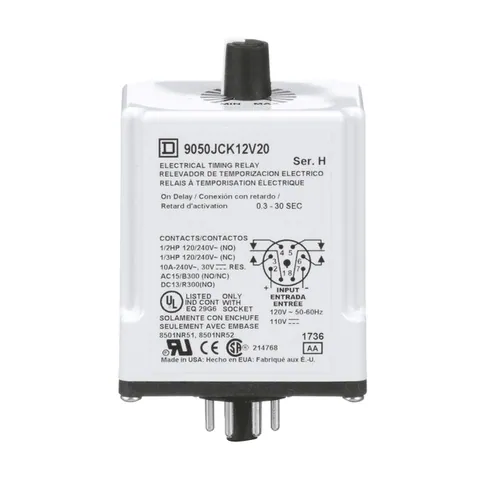 Schneider Electric 9050JCK12V20 Timing Relay, Type JCK, plug In, on delay, adjustable time, 0.3 to 30 seconds, 10A, 240 VAC, 120 VAC/110 VDC — General Accessories