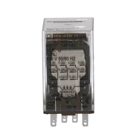 Schneider Electric 8501RS14P14V20 Miniature Relay, Harmony 8501R, low voltage, 4PDT, green LED, socket mounting, 120V AC, 4NO+ 4NC — General Accessories