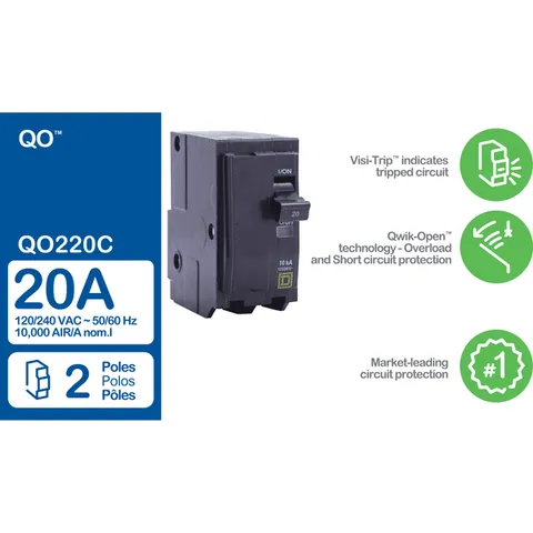 Schneider Electric QO220 Mini circuit breaker, QO, 20A, 2 pole, 120/240VAC, 10kA, plug in mount — Interruttori automatici e fusibili