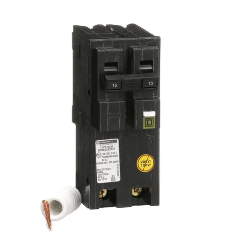 Schneider Electric HOM215CAFI Homeline Miniature Circuit Breaker, 15A, 2 Pole, 120VAC, 10kA AIR, Combo Arc Fault, Pigtail Neutral, Plug In, UL — General Accessories