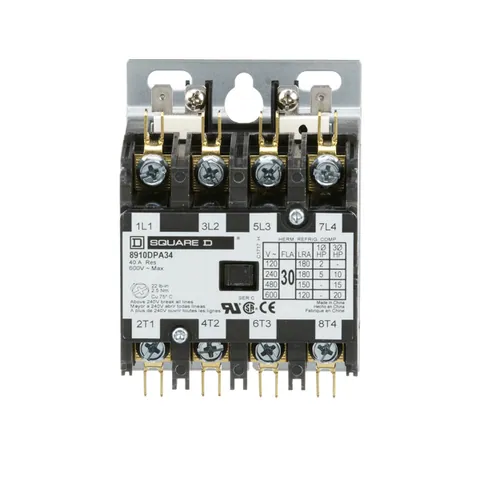 Schneider Electric 8910DPA34V09 Contactor, Definite Purpose, 30A, 4 pole, 20HP at 575VAC, 3 phase, 208/240VAC 60Hz 220VAC 50Hz coil, open — General Accessories