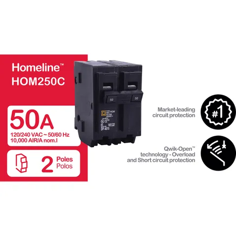 Schneider Electric HOM250 Mini circuit breaker, Homeline, 50A, 2 pole, 120/240VAC, 10kA AIR, standard type, plug in, UL — General Accessories